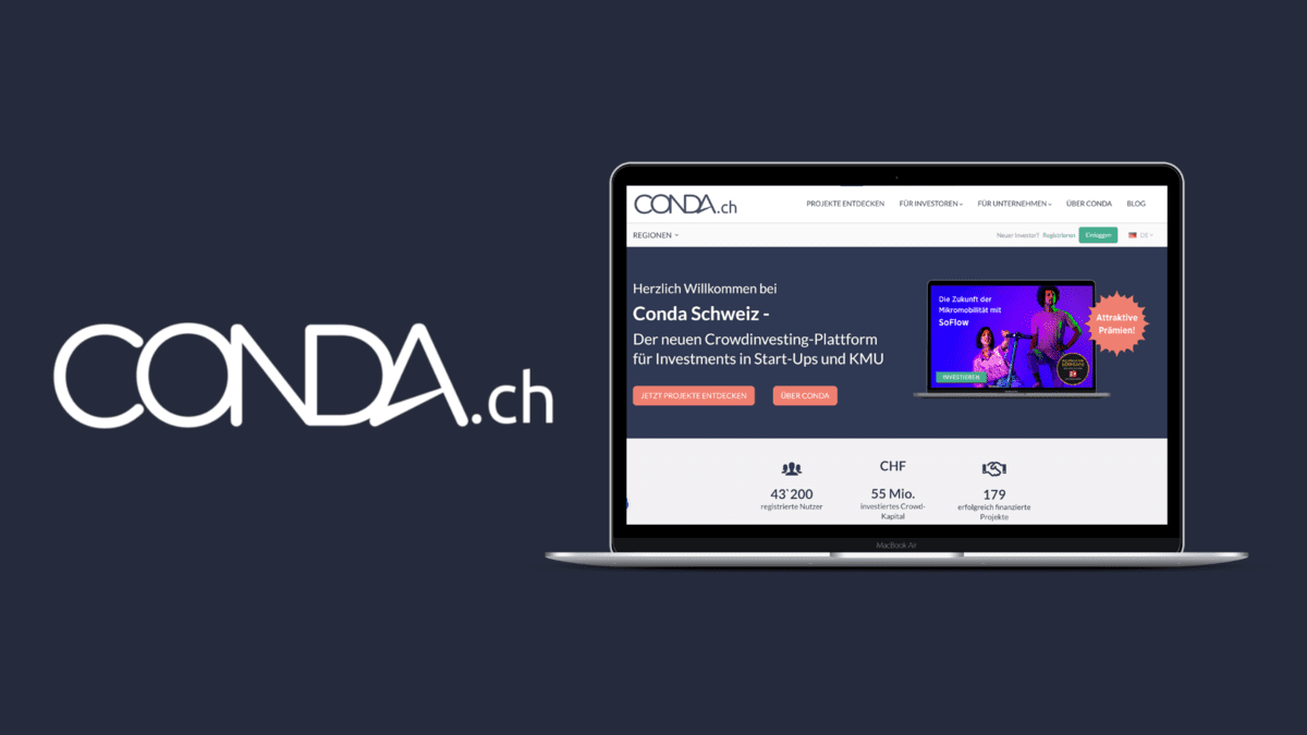 Links das Conda-Logo mit dem Schriftzug CONDA.ch. Rechts ein Laptop mit der Conda-Webseite auf dem Screen. Der Hintergrund mit dem Violett der Conda-Farbpalette eingefärbt