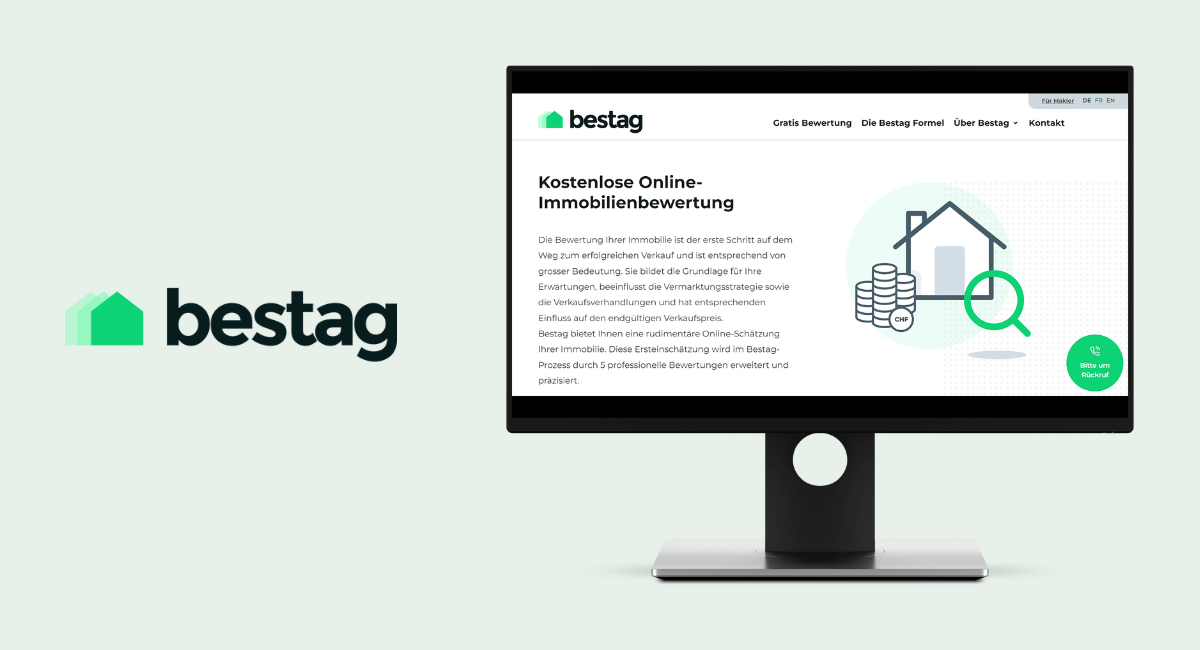 Links das bestag-Logo mit dem Schriftzug Bestag, rechts ein Laptop mit der bestag-Webseite auf dem Screen.