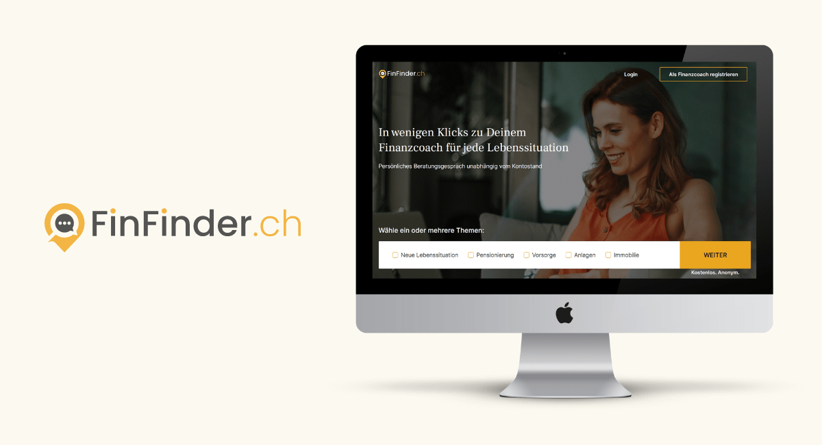 Links das finfinder-Logo mit dem Schriftzug FinFinder.ch. Rechts ein Laptop mit der finfinder-Webseite auf dem Screen.