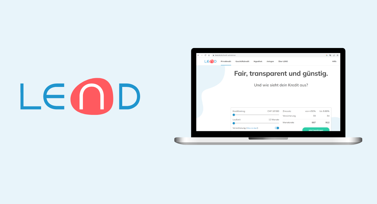 Links das Lend-Logo mit dem Schriftzug LEND. Rechts ein Laptop mit der Lend-Webseite auf dem Screen.