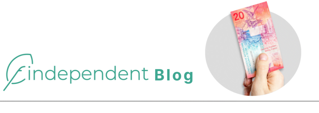 Am rechten Bildrand hält eine Hand eine 20-Franken-Note zwischen Daumen und Zeigefinger. Links im Bild ist das findependent-Logo
