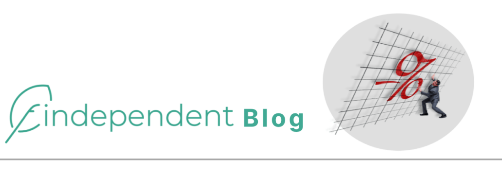 negativzinsen - links das findependent logo in grün auf weissem grund. rechts eine person, die versucht, ein übergrosses prozentzeichen zu stützen.