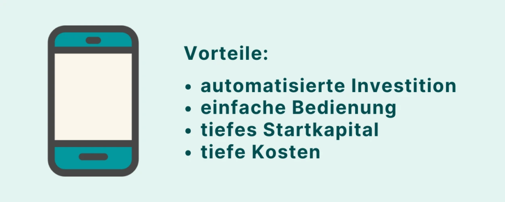 Ein symbolisches Mobiltelefon links, rechts die Vorteile von Robo Advisor als Bullets.