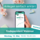 Vorschau Banner für das findependent Webinar "Anlegen einfach erklärt" mit Datum und Uhrzeit Angaben. Bild von einem Handy in der Hand.