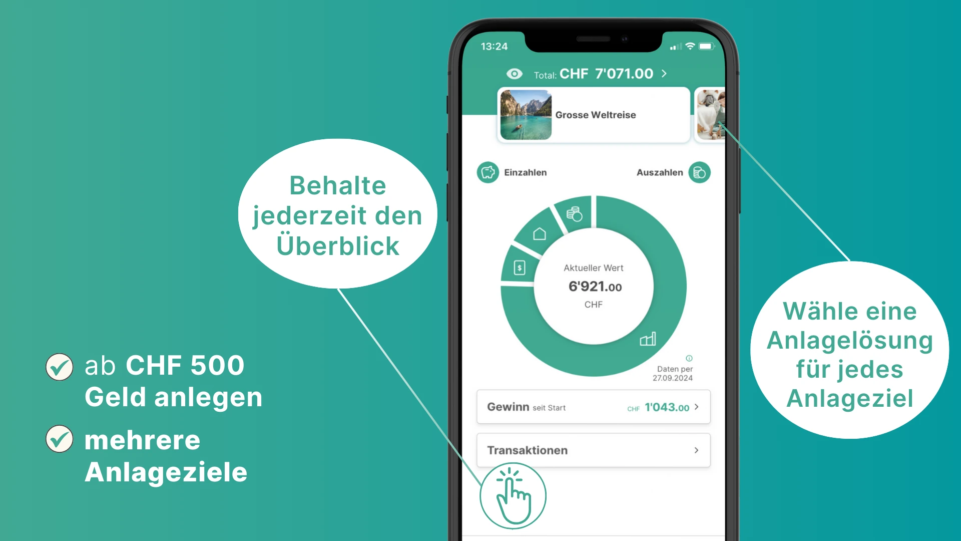 findependent App Vorschau findependent App Vorschau Mockup, Geld ab CHF 500 anlegen, mehrere Anlageziele